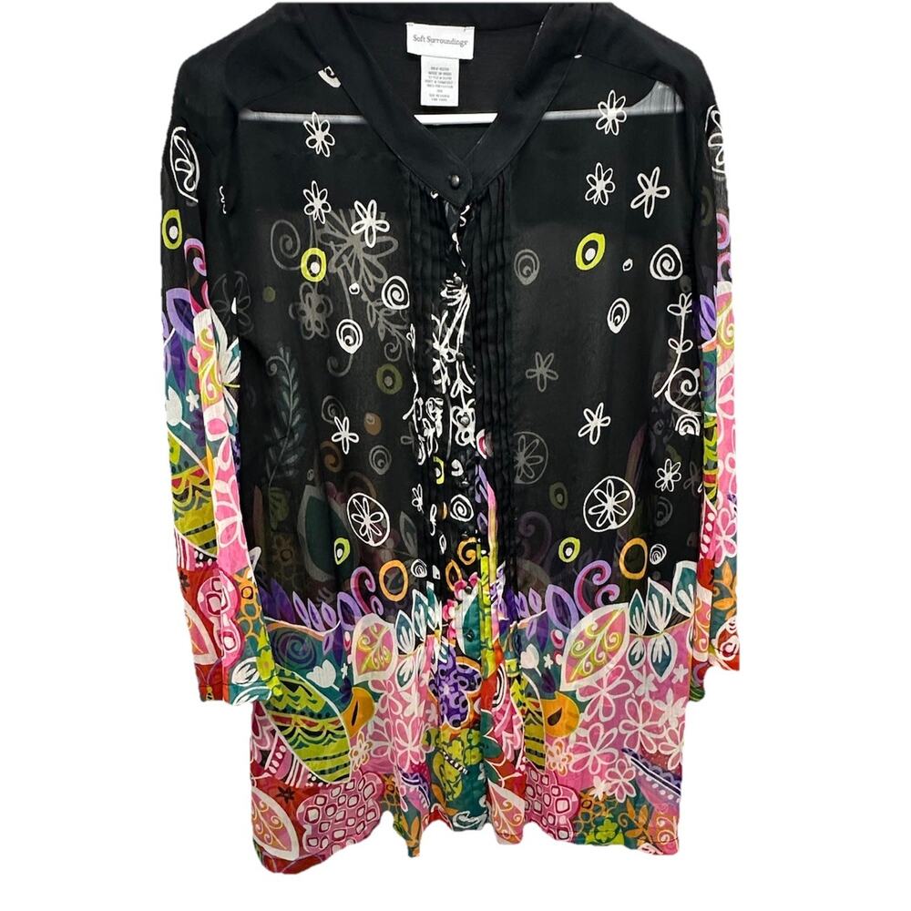 Soft Surroundings Top Womens 3x Black Floral Sheer Flare Sleeve Casual - Picture 1 of 11
